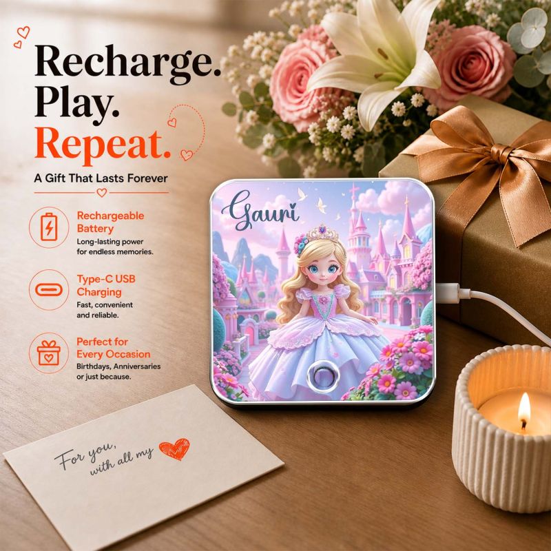 Personalized Princess Theme Gift for Girls Personalized Musical Fridge Magnet Custom with Name Gift for Daughter, Granddaughter, Kids Birthday Rechargeable Battery with Playable Song